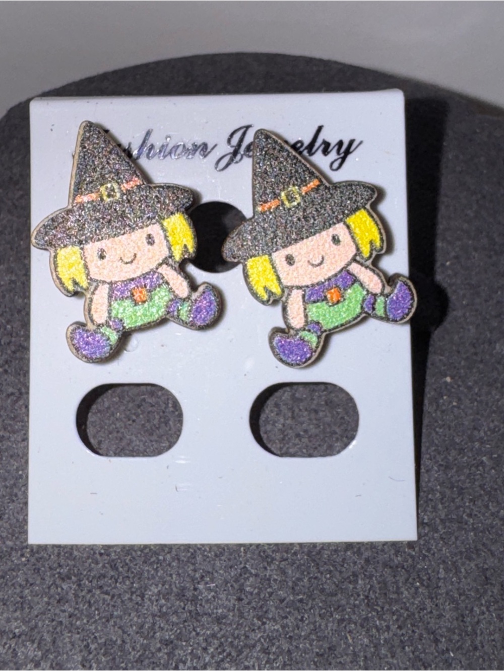 Cute Glitter Witch Stud Earrings - Purple & Green